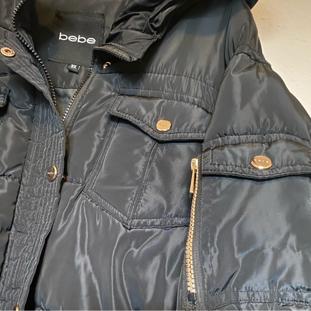 BEBE Long Black& Gold Puffer Jacket